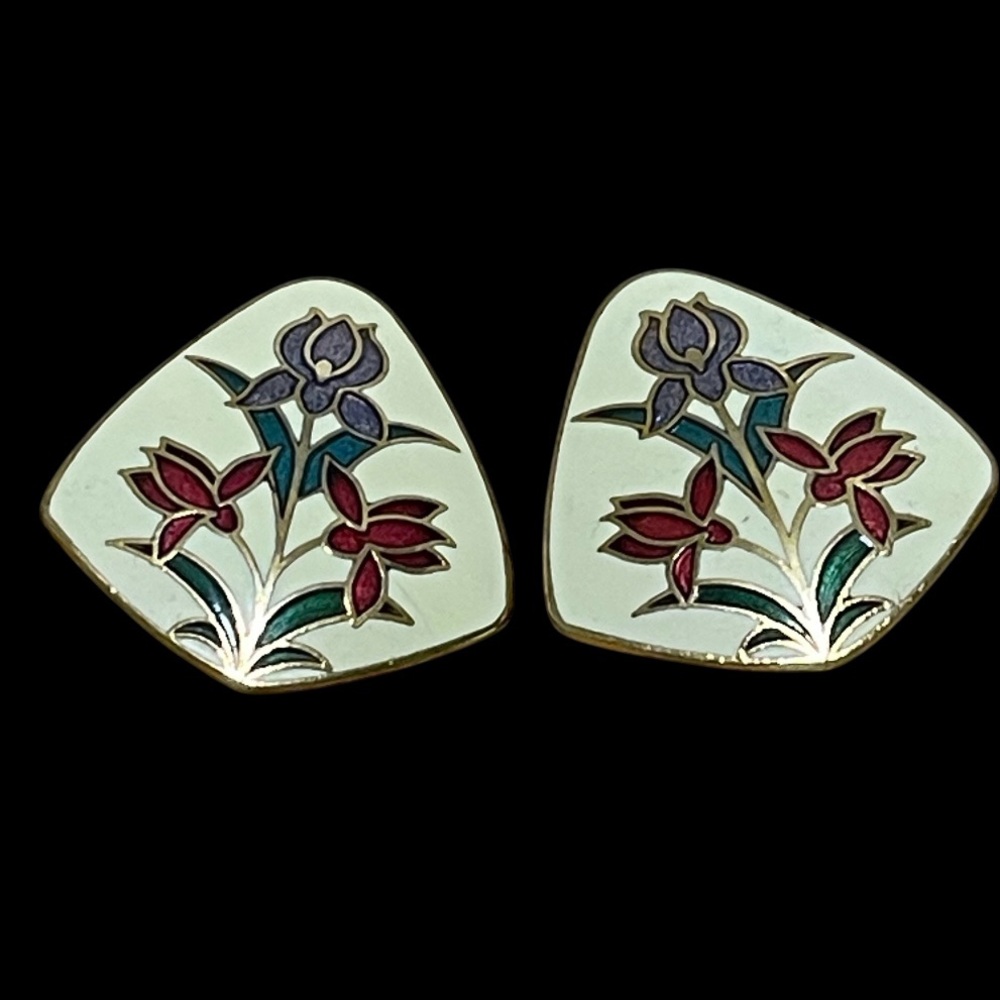 Vintage Cloisonne Tulip Pierced Post Earrings Colorful Floral Gold Ivory Cream